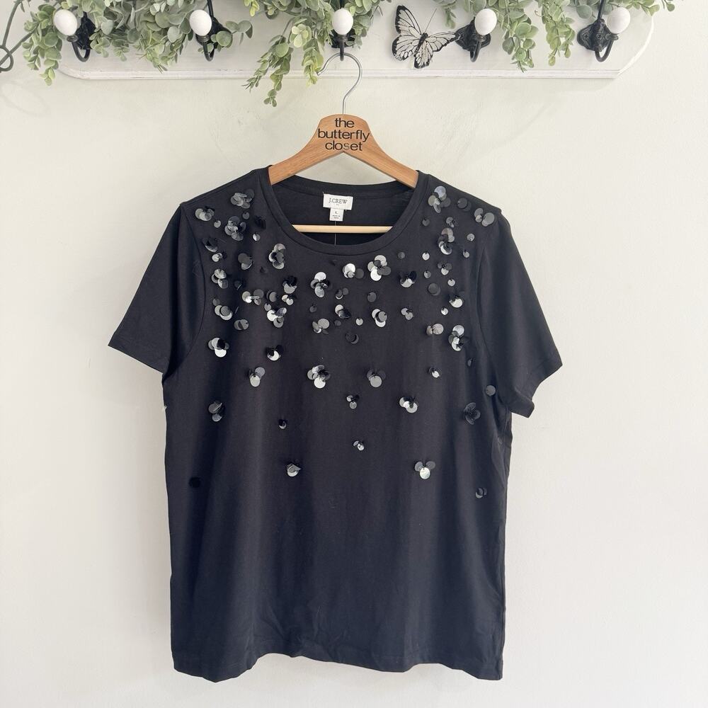 J. Crew Sequined Black Crew Neck Tee NWOT Large KD